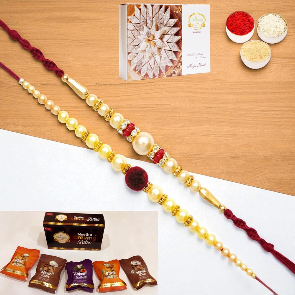 Ghasitaram Gifts Jaiccha Rakhi for Brother Rakhis Online - Set of 2 y 37 and y 83 Pearl rakhis with Asorted Bites Box and 200 GMS of Kaju katli