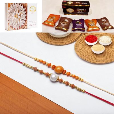 Ghasitaram Gifts Jaiccha Rakhi for Brother Rakhis Online - Set of 2 abc119 and ABC 106 Pearl rakhis with Asorted Bites Box and 200 GMS of Kaju katli