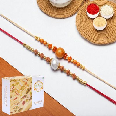 Ghasitaram Gifts Jaiccha Rakhi for Brother Rakhis Online - Set of 2 abc119 and ABC 106 Pearl rakhis with 200 GMS of Soan Papdi