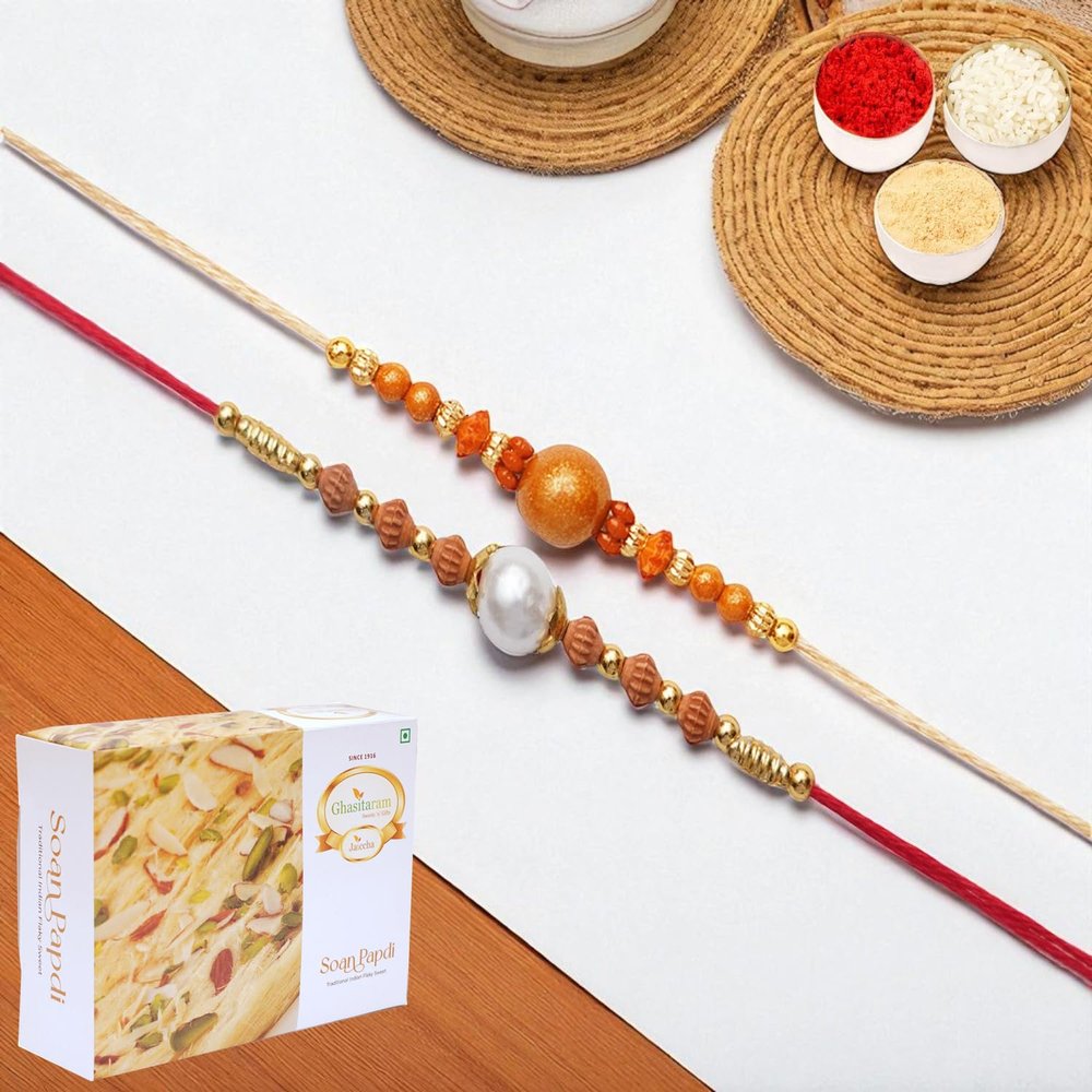 Ghasitaram Gifts Jaiccha Rakhi for Brother Rakhis Online - Set of 2 abc119 and ABC 106 Pearl rakhis with 200 GMS of Soan Papdi