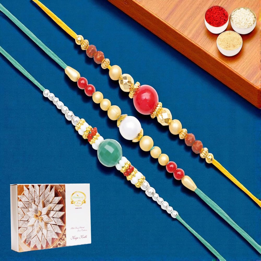 Ghasitaram Gifts Jaiccha Rakhi for Brother Rakhis Online - Set of 3 Pearl rakhis ABC (83, 87, 159) with 200 GMS of Kaju katli