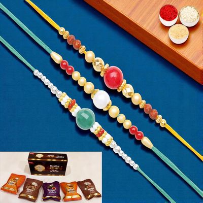Ghasitaram Gifts Jaiccha Rakhi for Brother Rakhis Online - Set of 3 Pearl rakhis ABC (83, 87, 159) with Asorted Bites Box
