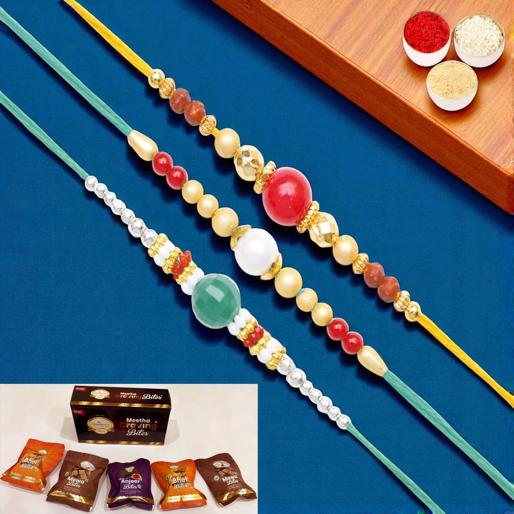 Ghasitaram Gifts Jaiccha Rakhi for Brother Rakhis Online - Set of 3 Pearl rakhis ABC (83, 87, 159) with Asorted Bites Box