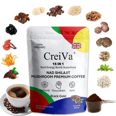 CreiVa 15-in-1 Instant Coffee, Chocolate Flavor Arabica with Shilajit, 10 Mushrooms, NAD+, Stevia | Anti-Aging, Energy & Focus | Pre/Post Workout Drink for Men & Women, 150g