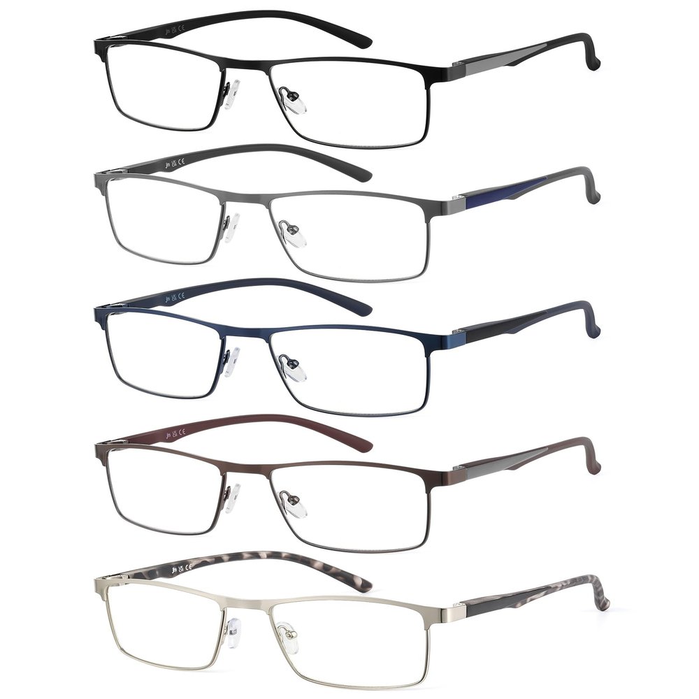 JM 5 Pack Rectangular Reading Glasses Men, Blue Light Blocking Computer Readers, Metal Thin Frame Spring Hinge Eyeglasses, 3.0+