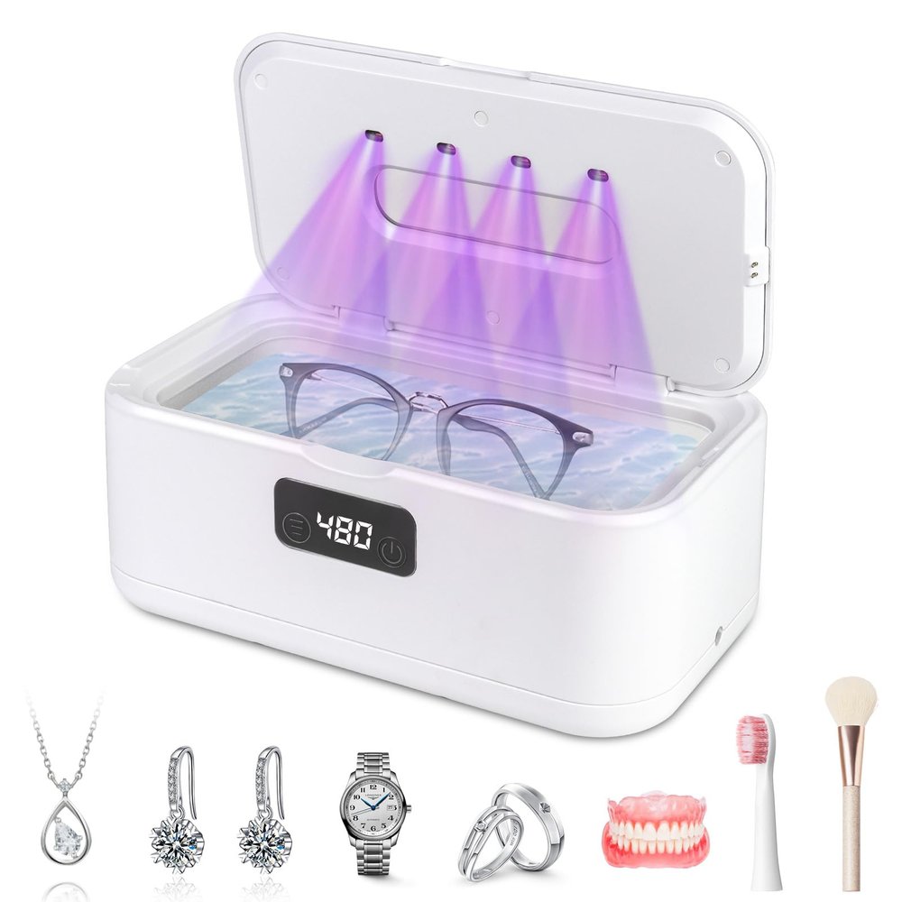 49kHz Ultrasonic Jewellery Cleaner,All-in-One Professional Ultrasonic Cleaner Machine for Eyeglasses,Retainer, Mouth Guard, Glasses, Watch, Ring, Diamond, Denture Use