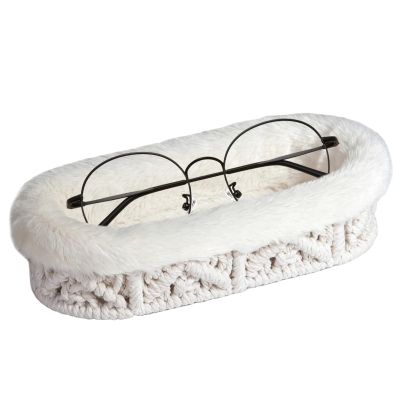 OPULANE Glasses Holder Stand, Anti-scratch Plush Lined Eyeglass Holder Stand, Oval Eye-glass Storage Organizer Case for Nightstand, Office Desk, Table, Beige