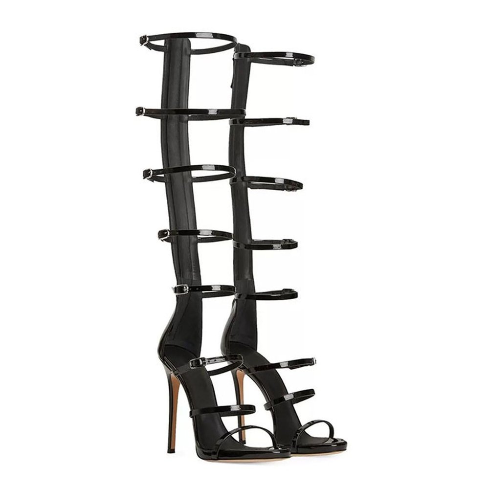High Heels Women Open Toe Stiletto Sandals Boots Buckle Straps Zipper Pump Party Evening Dress Prom Dance Shoes 11cm-Black||35