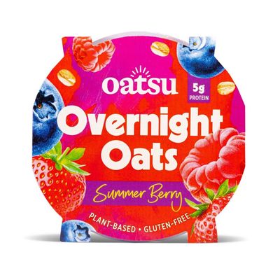 OATSU | Summer Berry Overnight Oats | Ready To Eat Plant-Based Protein-Packed Instant Breakfast Cereal | Low-Sugar, Fibre-Rich | Ready-to-Eat Porridge (8 Pots)