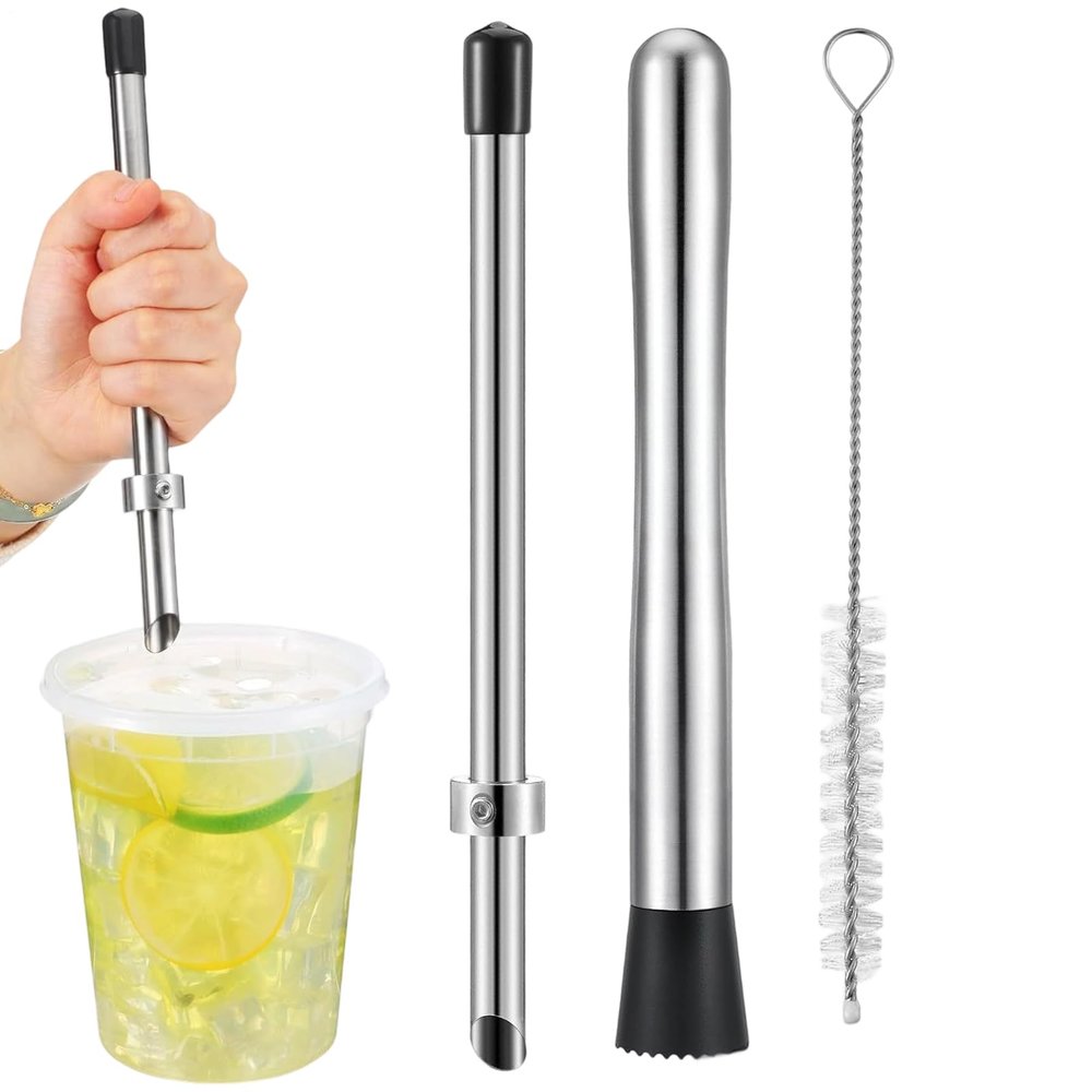 Lemonade Muddler and Straw Puncher Set Stainless Steel Straw Lid Punching