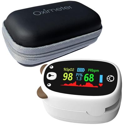 Childrens Pulse Oximeter with Hard Shell Storage Case, Lanyard, Batteries, LED Pediatric Fingertip Oxygen Saturation Monitor SpO2 & Pulse Rate, Animal Design for Kids (White Oximeter+Black Carrier)