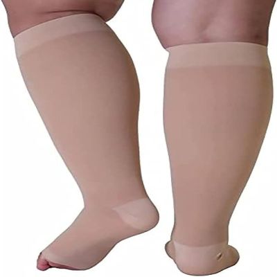 2 Pairs Compression Socks 15-35 Mmhg For Women And Men, Knee High Open Toe Firm Support Graduated Varicose Veins Hosiery, Skin Color, 5XL