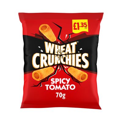 Wheat Crunchies Spicy Tomato 16 x 70g Tube-Shaped Crunchy Crisps with Bold Flavour No MSG, No Artificial Colours or Flavours Vegetarian Snack Ideal for Sharing, Lunchboxes, or Vending