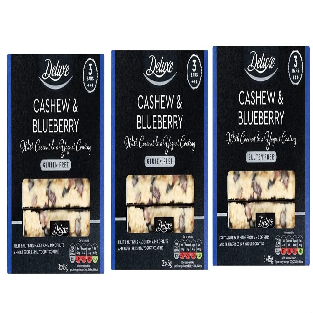Fruit & Nut Bar Assorted, cashwev and blueberry with Coconut and yogurt Coating 3 x 45g. (pack of 3)