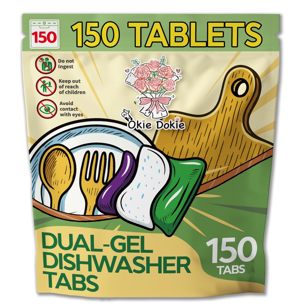 Okie Dokie Dual-Gel Dishwasher Tabs 150 Tablets Dual-Gel Formula Sparkling Clean Glass Safe