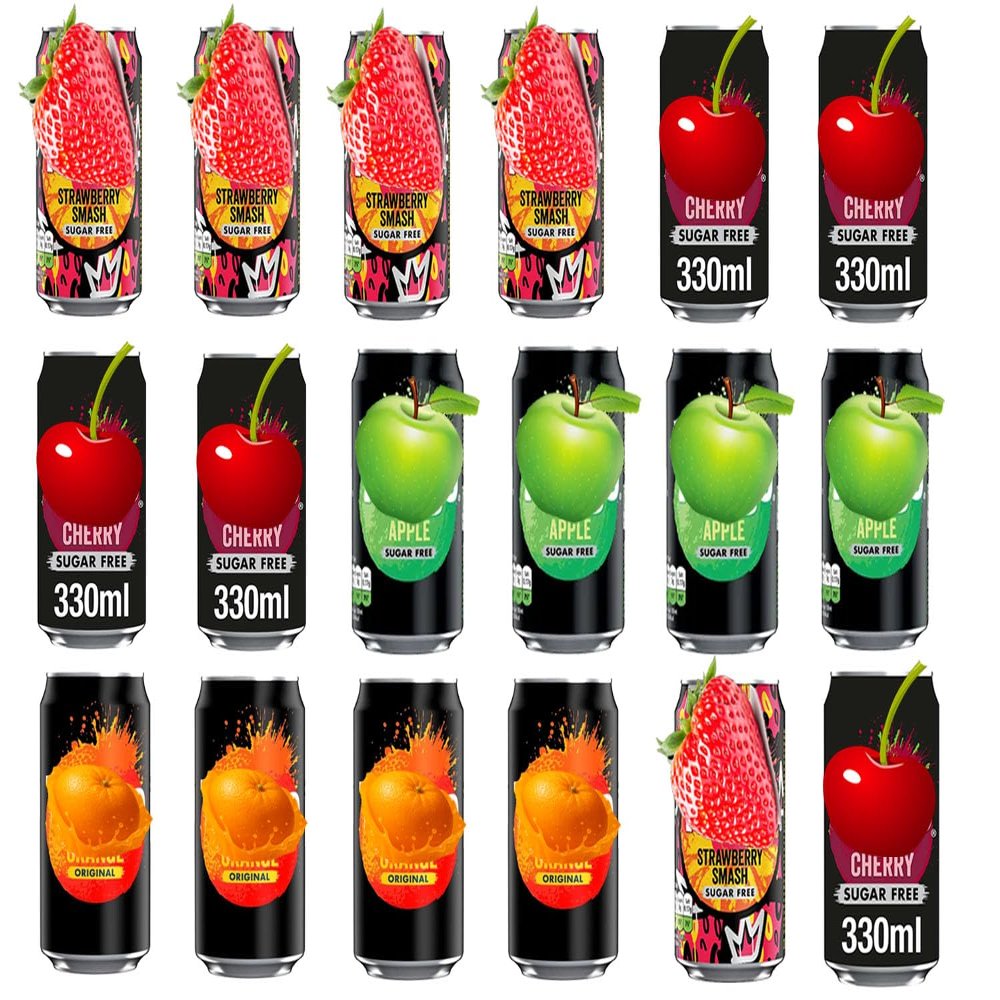 Random Mixed Fizzy Soft Drink Cans 330ml Strawberry Smash, Orange Original, Cherry & Apple Sugar Free Flavours Refreshing Carbonated Beverage Pack Tng (18, Random Mixed)