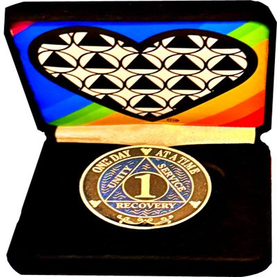 1-Year AA Sobriety Coin Blue, Black & Rainbow Edition One Day at a Time One Year Strong.