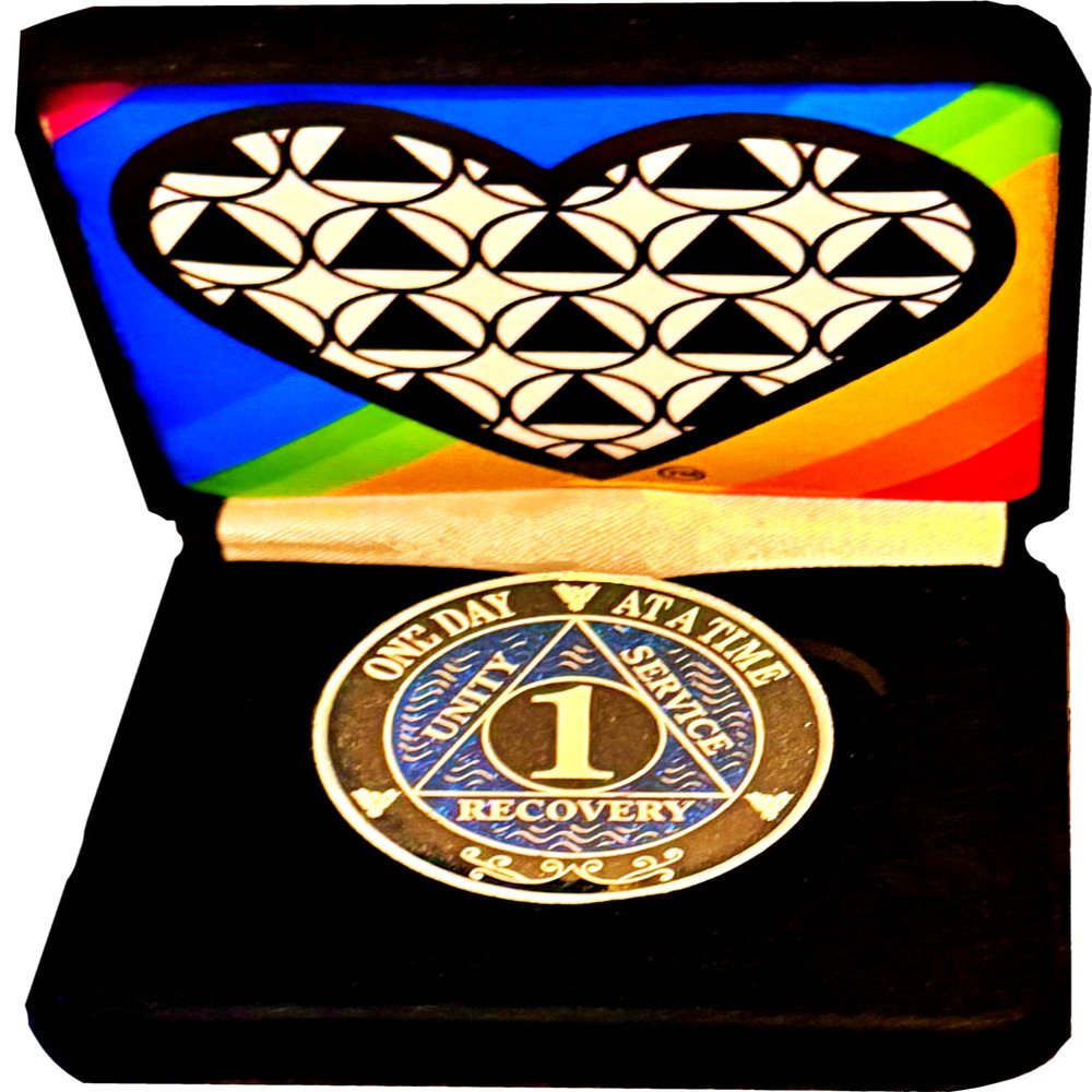 1-Year AA Sobriety Coin Blue, Black & Rainbow Edition One Day at a Time One Year Strong.