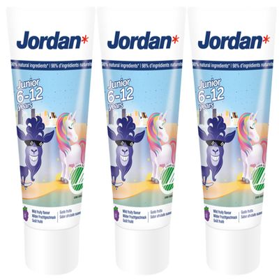 Jordan | Junior Toothpaste | 6-12 Years | with Fluoride | Junior Cavity Protection Mild Fruit Flavour Dental Care for Milk Teeth and Permanent Teeth Gentle SLS-Free Formula Daily | 50ml x 3