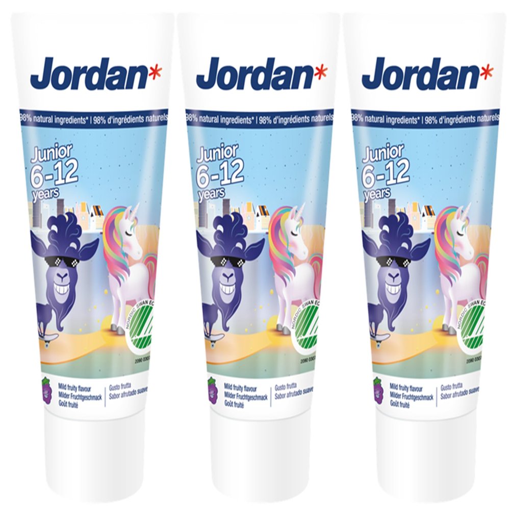 Jordan | Junior Toothpaste | 6-12 Years | with Fluoride | Junior Cavity Protection Mild Fruit Flavour Dental Care for Milk Teeth and Permanent Teeth Gentle SLS-Free Formula Daily | 50ml x 3