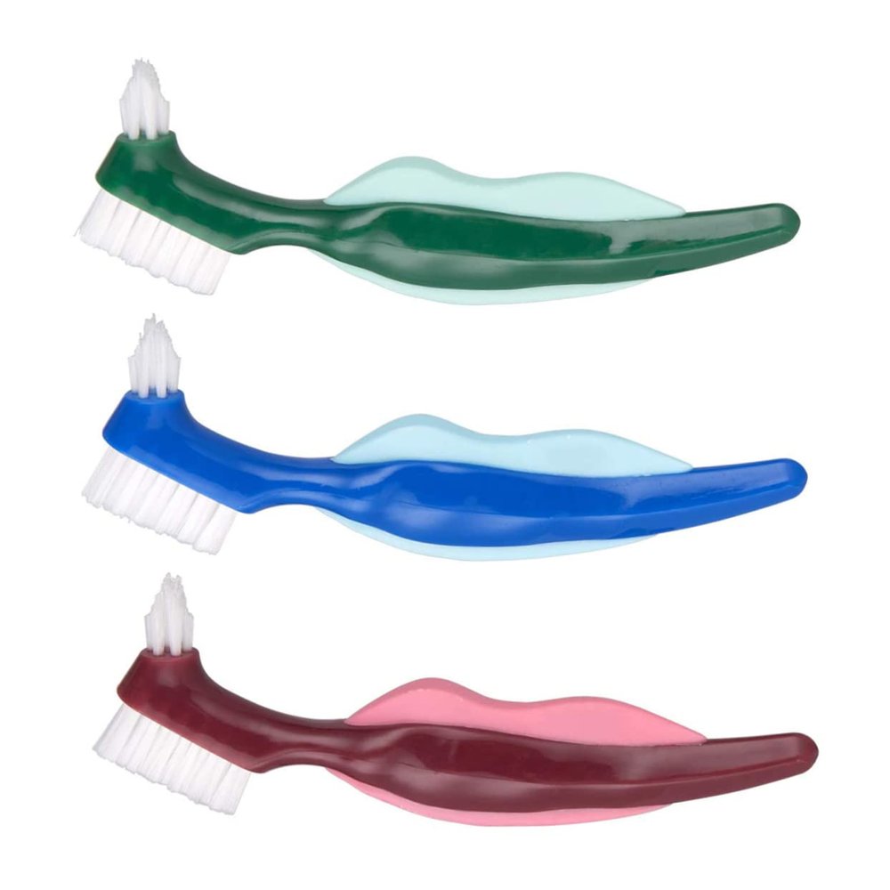 Veemoon Denture Toothbrush Double-Headed 3pcs Hard Bristle Set with Comfortable Handle for False Teeth Cleaning and Plaque Control