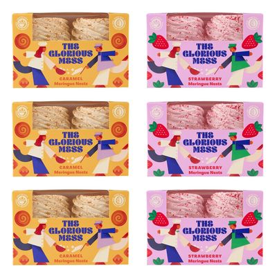 The Glorious Mess Meringue Nests Bundle - 6 Boxes (24 Meringues) Mixed Strawberry Caramel Flavours - Handmade British Premium Desserts - Luxury Gift Set - Gluten Free Sweet Treats Collection