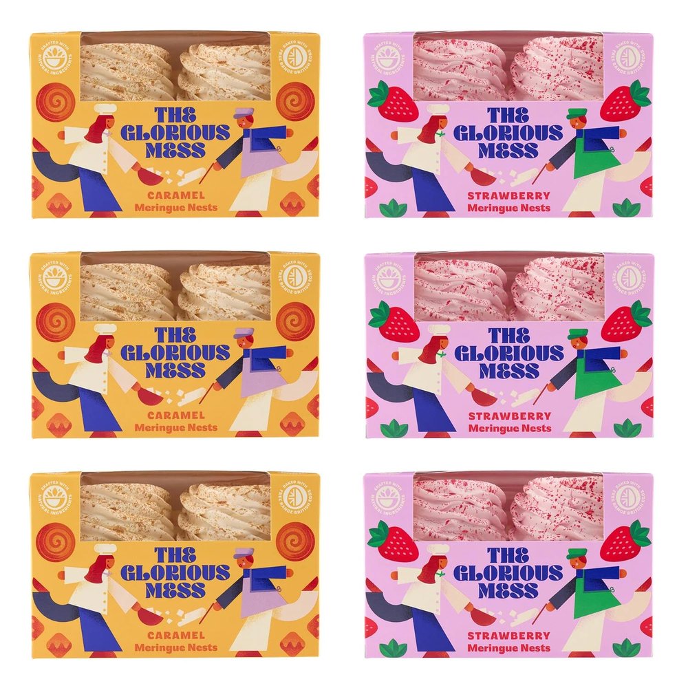 The Glorious Mess Meringue Nests Bundle - 6 Boxes (24 Meringues) Mixed Strawberry Caramel Flavours - Handmade British Premium Desserts - Luxury Gift Set - Gluten Free Sweet Treats Collection