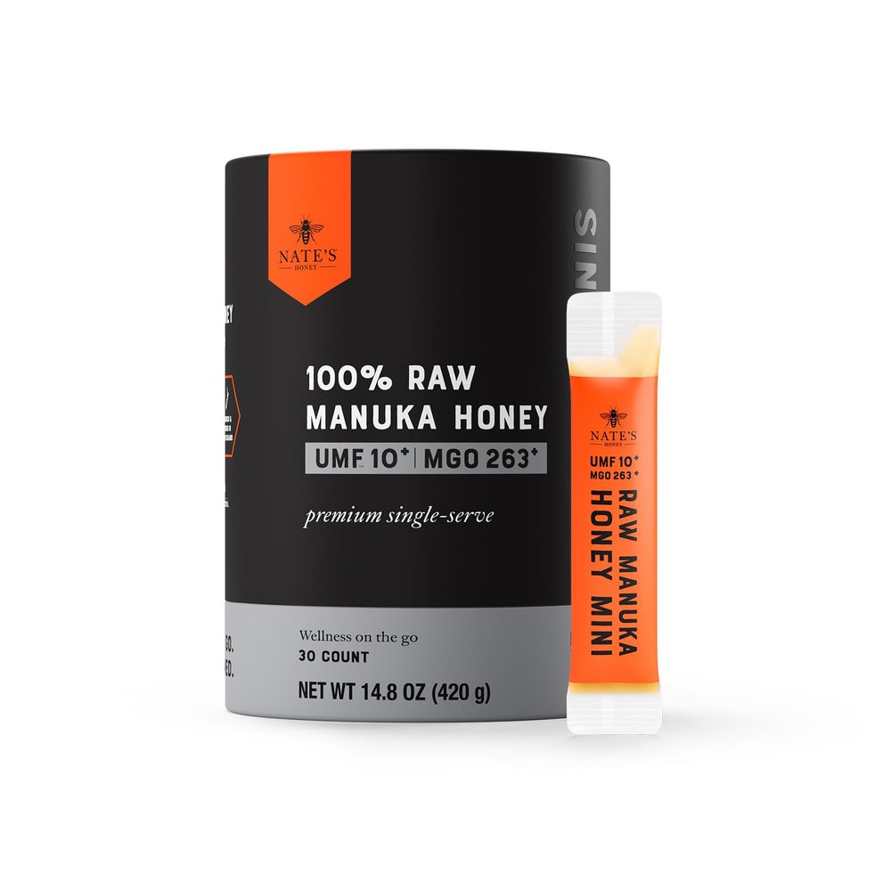 Nate's Manuka Honey Minis - 30 count Single-serve, Pure Manuka Honey - MGO 263+ | UMF Certified 10+ - 30 Single-Serve Packets for On-the-Go Daily Wellness