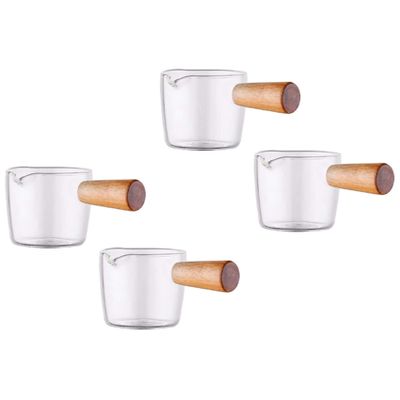 Giwnhvx 4PCS Transparent Glass Creamer with Wooden Handle, Mini Coffee Milk Creamer Pitcher. 50Ml