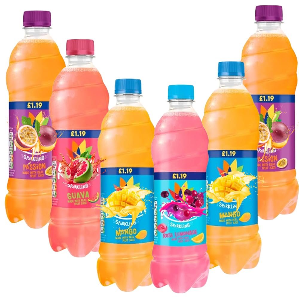 Random Mixed Sparkling Juice Vegan Soft Drink with Sugar & Sweetener 500ml PMP Assorted Flavours: Mango, Passion Fruit, Rose Lemonade, Guava -Rbc (06 Bottles)