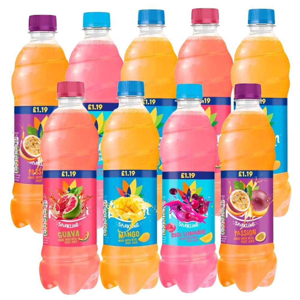 Random Mixed Sparkling Juice Vegan Soft Drink with Sugar & Sweetener 500ml PMP Assorted Flavours: Mango, Passion Fruit, Rose Lemonade, Guava -Rbc (15 Bottles)