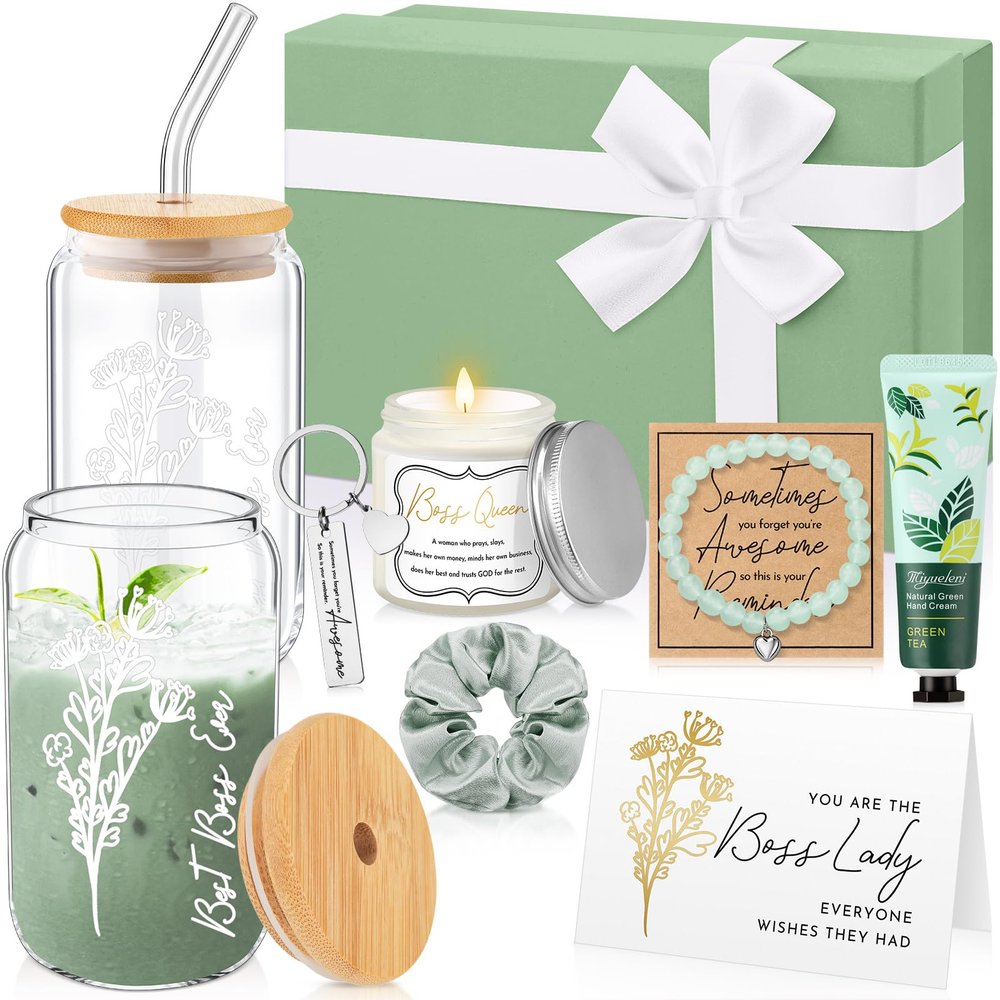 Teenyyou 10 Pcs Best Boss Gift Set Thank You for Women Lady Appreciation Day Gift Tumbler Candle Bracelet Hand Cream Keychain Hair Tie Card Box for Boss Day Office Leader Christmas(Green)