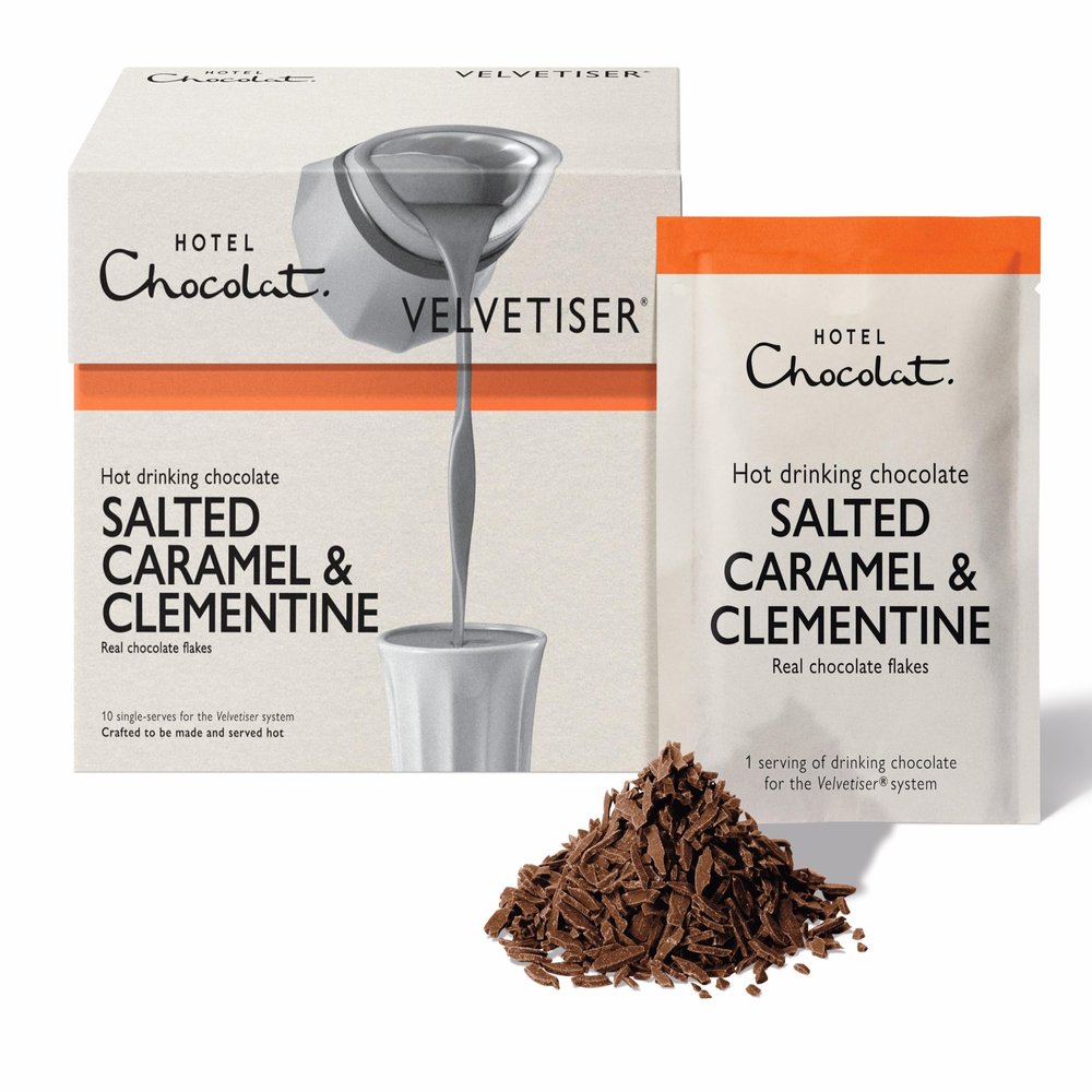 Hotel Chocolat Salted Caramel & Clementine Hot Chocolate Sachets - Luxury Chocolate Flakes - Pack of 10 Single-Serve Sachets, 310g - Suitable for Vegetarians