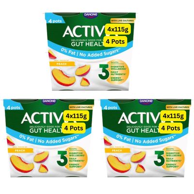 No Added Sugar and Fat Free Activias Gut Health Peach and Cherry Packs of 12x115g (Peach 12x115g)