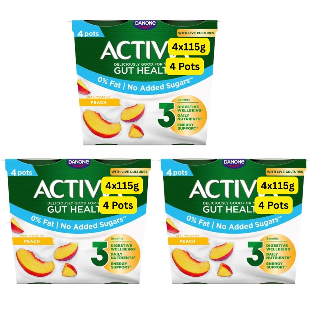 No Added Sugar and Fat Free Activias Gut Health Peach and Cherry Packs of 12x115g (Peach 12x115g)