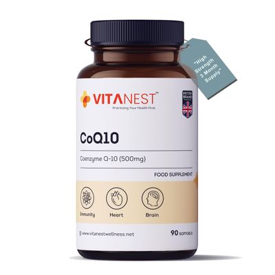VITANEST CoQ10 500mg, 90 Softgels, Coenzyme Q10 Food Supplement, One a Day, 3 Month Supply, Gluten Free, British Brand