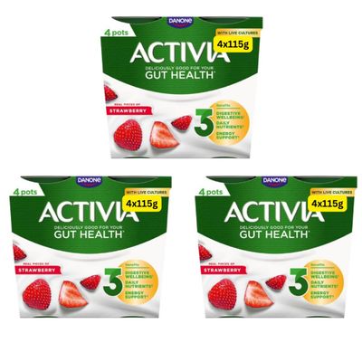 Gut Health Yoghurt Activias Multipacks Rhubarb, Strawberry, Vanilla and Blueberry 12x115g (Strawberry 12x115g)