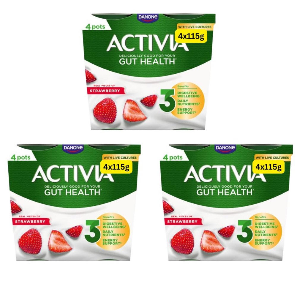 Gut Health Yoghurt Activias Multipacks Rhubarb, Strawberry, Vanilla and Blueberry 12x115g (Strawberry 12x115g)