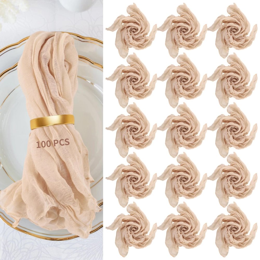 100 Pcs Khaki Gauze Cheesecloth Napkins, 14 Wrinkled Polyester Dinner Cloths, 20 X 18 Inches Semi-Transparent For Weddings And Parties