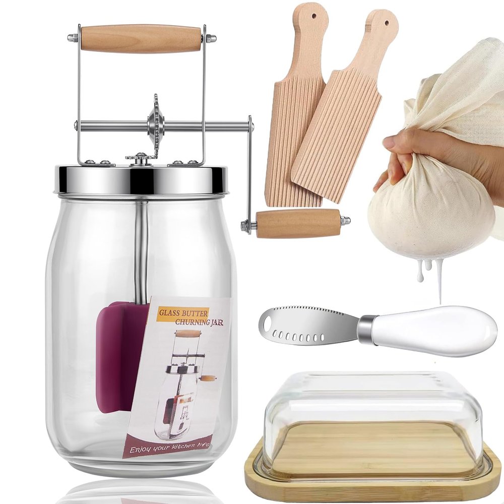 Vintag 1.5L Manual Butter with Wooden Handle, Stainless Steel Gear System, Butter Crank Jar for Cooking Gadgets