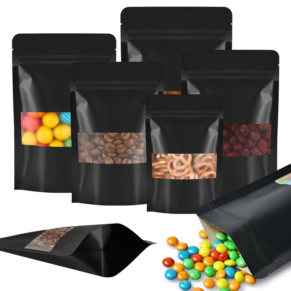 100 Pack Black Kraft Paper Bags with Window, Resealable Stand Up Pouches -3.9x5.9 Inch Smell Proof Food Packaging Bags for Beef Jerky, Coffee, Chips & Small Business