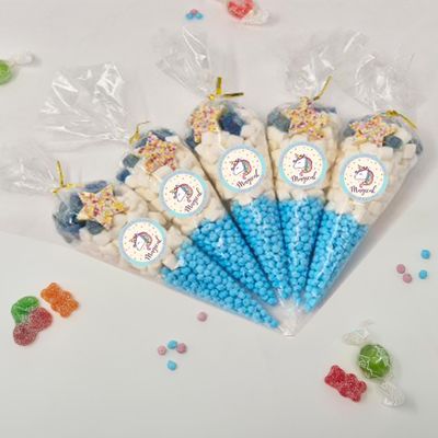 Personalised Stickers |Pre-filled Sweet Cones | Party Favours | Party Bags Gifts | Filled | Unfilled | Sticker | 5 Unicorn Filled Cones - Blue Sweet