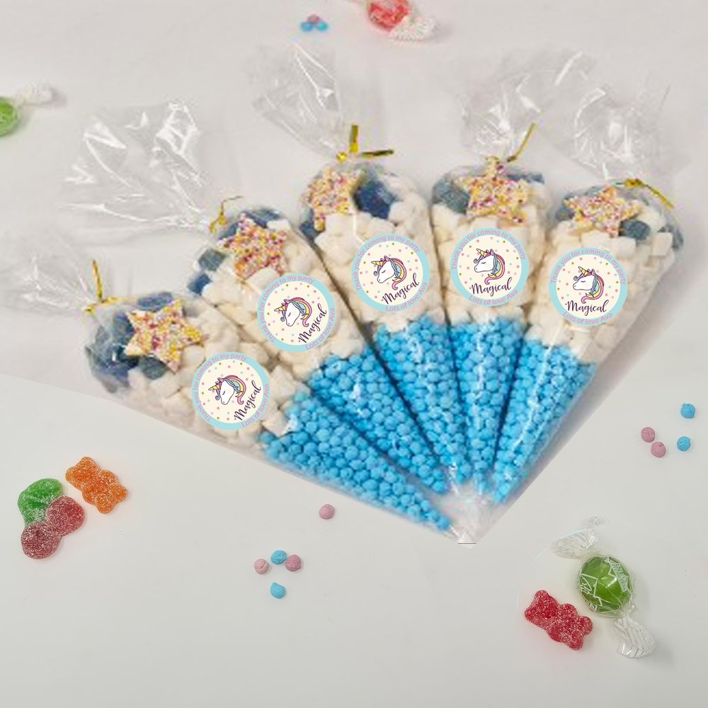 Personalised Stickers |Pre-filled Sweet Cones | Party Favours | Party Bags Gifts | Filled | Unfilled | Sticker | 5 Unicorn Filled Cones - Blue Sweet