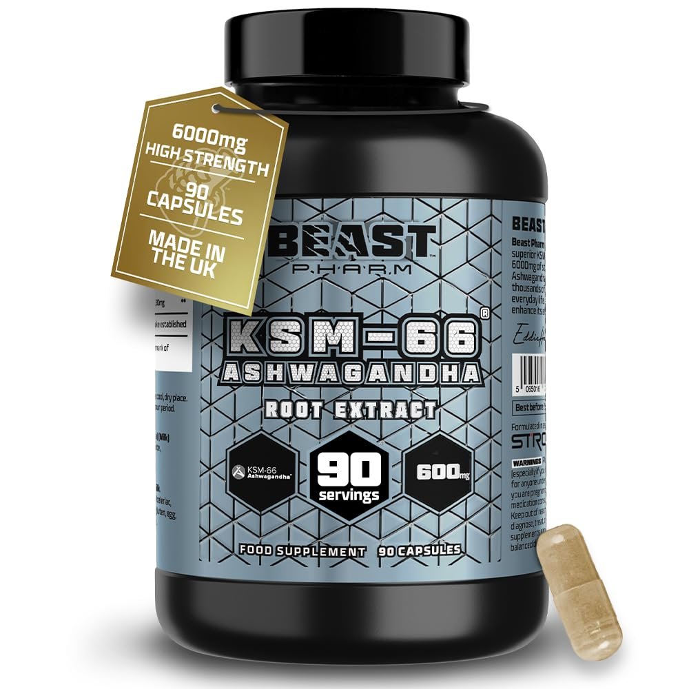 Beast Pharm Ashwagandha KSM 66 6000mg (3 Months Supply) Ashwagandha High Strength 90 Capsules - Calm & Stress Relief Support