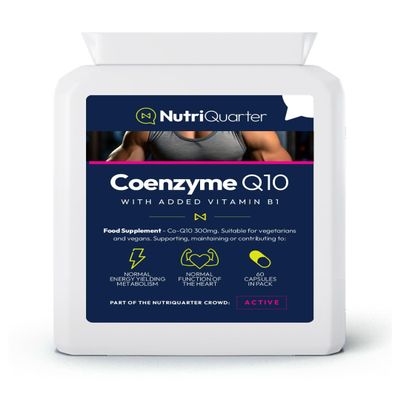 NutriQuarter Coenzyme Q10 300mg + Vitamin B1 60 Vegan Capsules Cellular Energy & Heart Support UK Made