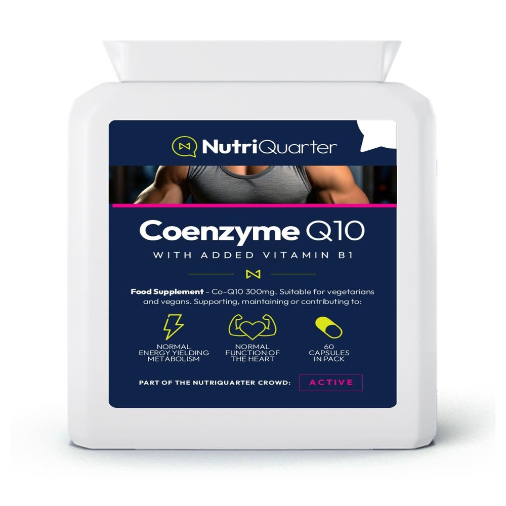 NutriQuarter Coenzyme Q10 300mg + Vitamin B1 60 Vegan Capsules Cellular Energy & Heart Support UK Made