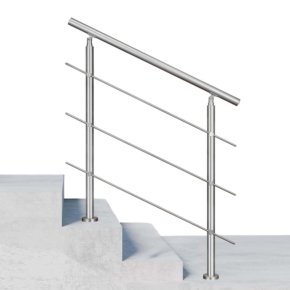 120x106cm Stainless Steel Handrail Safety with 3 Cross Bars for Indoor Outdoor, Adjustable Stair Banister, Step Railing Stair Railing