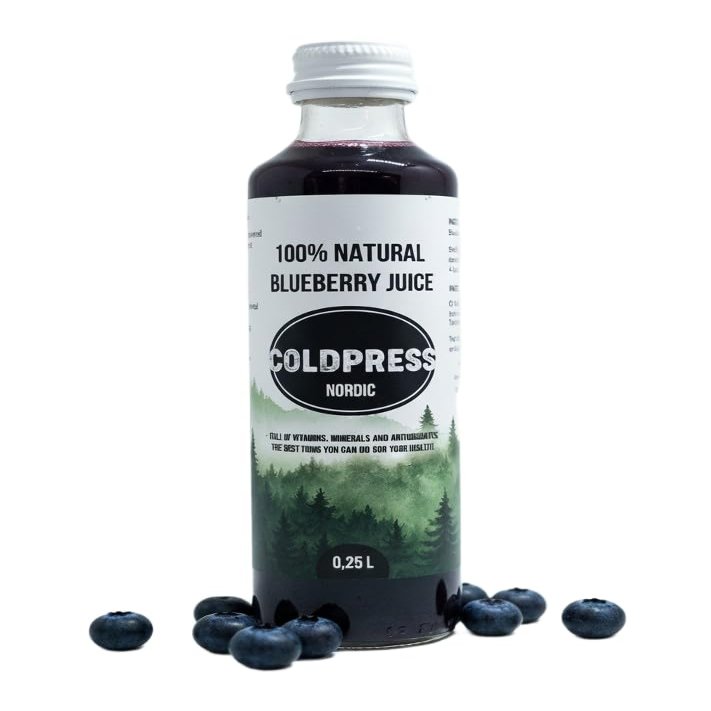 ColdPress Nordic Wild Blueberry Juice 250 ml Wild-Crafted Estonian Forests 100% Directly Pressed Blueberries, Not from Concentrate, No Water Added, No Added Sugar High Antioxidants Glass Bottle