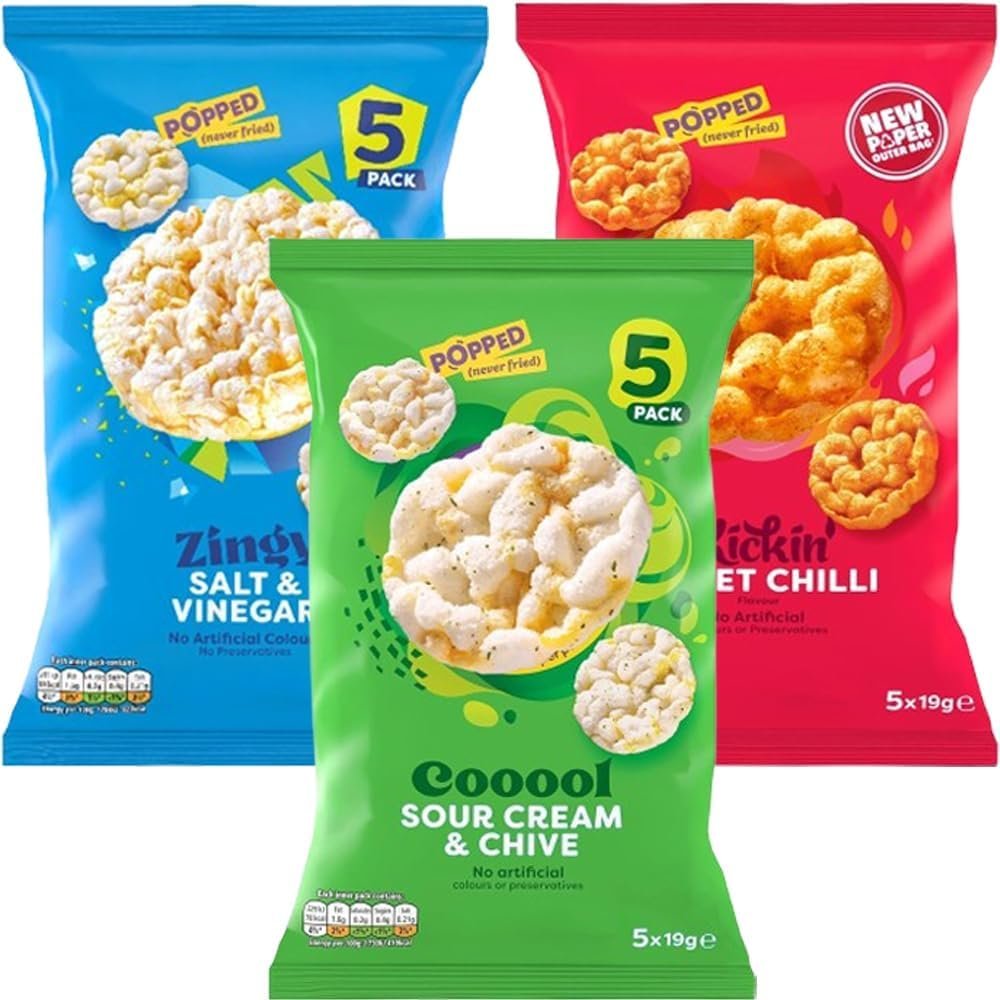 Rice Cakes Snack Multi Pack - Salt & Vinegar, Sour Cream & Chive, Sweet Chilli Popped Rice Cake Mixed Snacks (12 Mixed)