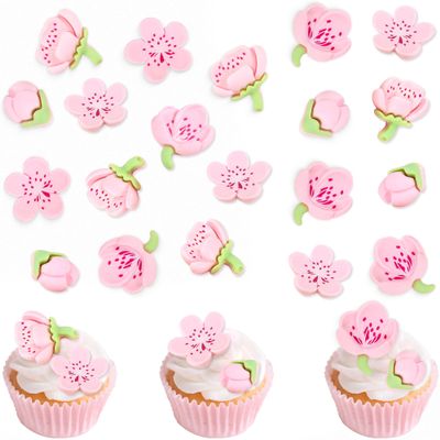 24Pcs Pink Cherry Blossom Cupcake Toppers Resin 2D Flowers Cake Decorations